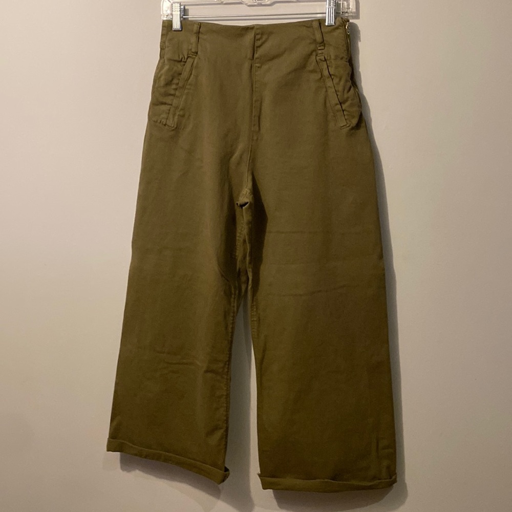 Zara High Waist Wide Leg Army Green Chino Trouser sz4